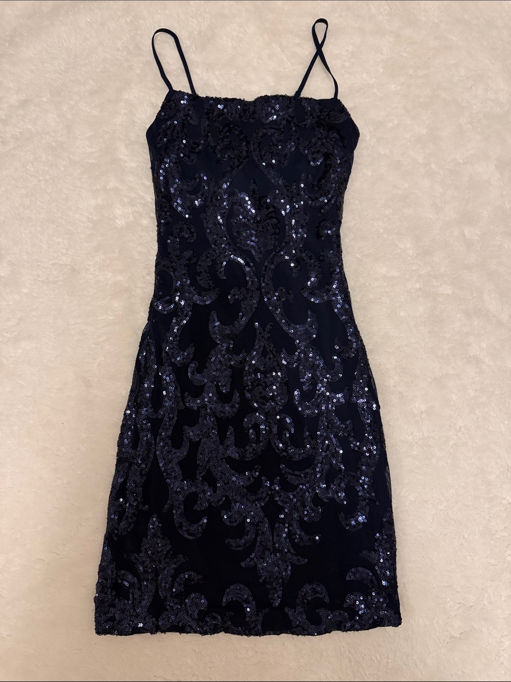 Navy Sequin Spaghetti Back Tie Dress